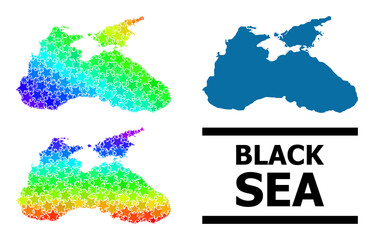 Spectrum gradiented starred mosaic map of Black Sea. Vector colorful map of Black Sea with spectral gradients. Mosaic map of Black Sea collage is composed with chaotic colorful star items.