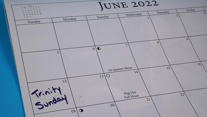 Trinity Sunday marked on a calendar on 12 June 2022.