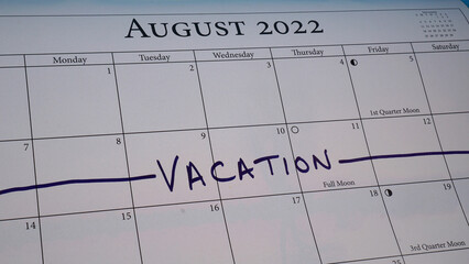 A week of summer vacation marked on a calendar in August 2022.