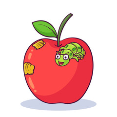 hand drawn caterpillar eating apple