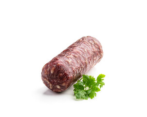 Sliced salami isolated on white background