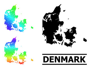 Rainbow gradiented star collage map of Denmark. Vector vibrant map of Denmark with rainbow gradients. Mosaic map of Denmark collage is constructed with scattered color star parts.