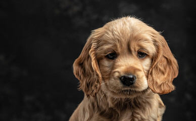 Cocker Spaniel Puppy. Portrait small beige cocker spaniel looking at the camera on a dark background