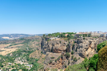 Ronda is located on a deep gorge where the river Tagus passes. Malaga. Andalusia. Spain. Europe. July 18, 2021
