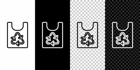 Set line Plastic bag with recycle icon isolated on black and white background. Bag with recycling symbol. Vector