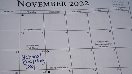 National Recycling Day written on a calendar on November 15, 2022