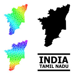 Spectrum gradient star mosaic map of Tamil Nadu State. Vector colored map of Tamil Nadu State with rainbow gradients. Mosaic map of Tamil Nadu State collage is made with random colorful star parts.