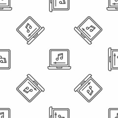 Grey line Laptop with music note symbol on screen icon isolated seamless pattern on white background. Vector