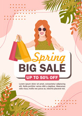 Spring big sale. Discounts up to 50%. Advertising banner, flyer with a happy girl holding purchases on a background with leaves and plants. Vector illustration.
