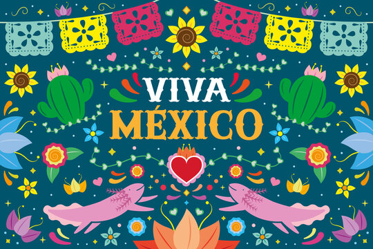 Mexican culture colorful background design with axolotls and flowers