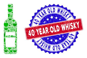 Vector wine bottle icon wine mosaic with grunge bicolor 40 Year Old Whisky stamp. Red and blue bicolored stamp with grunge style and 40 Year Old Whisky word.