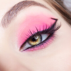 Obraz premium Closeup macro shot of human female eye with pink eyes shadows