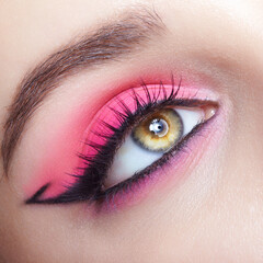Obraz premium Closeup macro shot of human female eye with pink eyes shadows