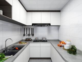 3D rendering,Spacious modern luxurious kitchen with bar design.