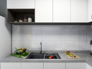 3D rendering,Spacious modern luxurious kitchen with bar design.