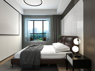 3D rendering, elegant and modern bedroom design, big bed with overcoat cabinet, coffee table