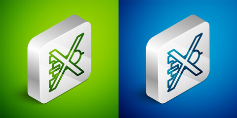 Isometric line No war icon isolated on green and blue background. The peace symbol. Silver square button. Vector