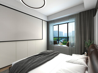 3D rendering, elegant and modern bedroom design, big bed with overcoat cabinet, coffee table
