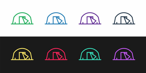 Set line Tourist tent icon isolated on black and white background. Camping symbol. Vector