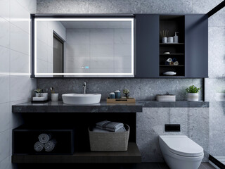 3D rendering,Clean modern residential bathroom and toilet design, which is equipped with washstand, toilet and shower equipment, etc.