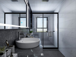 Naklejka na ściany i meble 3D rendering,Clean modern residential bathroom and toilet design, which is equipped with washstand, toilet and shower equipment, etc.