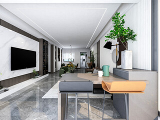 3D rendering, spacious living room design of modern residence, with sofa, tea table, decorative painting, etc