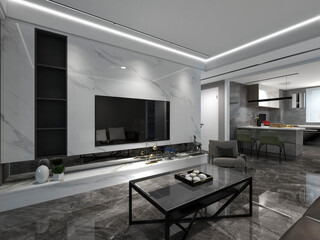 3D rendering, spacious living room design of modern residence, with sofa, tea table, decorative painting, etc