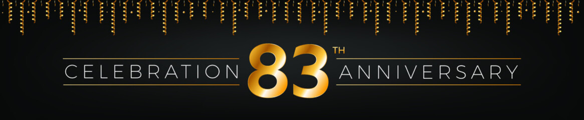 Fototapeta na wymiar 83th anniversary. Eighty-three years birthday celebration horizontal banner with bright golden color.