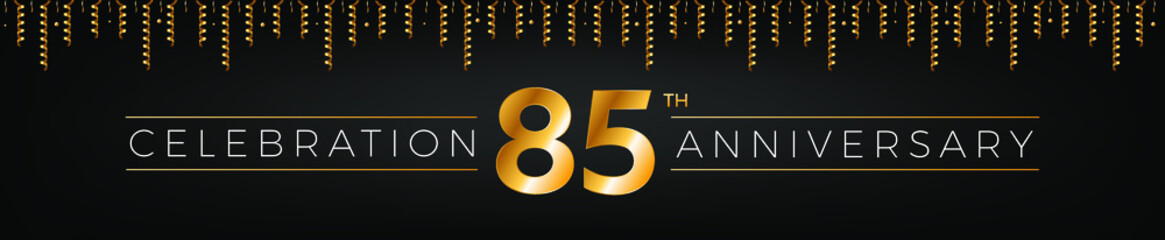 Fototapeta na wymiar 85th anniversary. Eighty-five years birthday celebration horizontal banner with bright golden color.