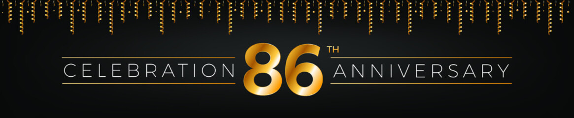 Fototapeta na wymiar 86th anniversary. Eighty-six years birthday celebration horizontal banner with bright golden color.
