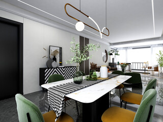 3D rendering, spacious dining room design next to the modern kitchen, with a beautiful dining table and greenery