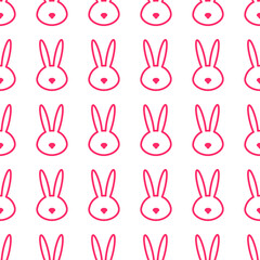 Seamless pattern with kawaii bunny head. Cute cartoon rabbit muzzle pastel pink on white background. Easter, baby shower, kid’s clothes, textile design. Vector illustration