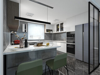 3D rendering, spacious dining room design next to the modern kitchen, with a beautiful dining table and greenery