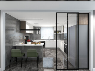 3D rendering, spacious dining room design next to the modern kitchen, with a beautiful dining table and greenery