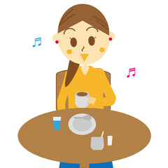 休日に気分転換に珈琲屋さんのカフェでホットコーヒーを飲んでいる女性のイラスト・店内・笑顔