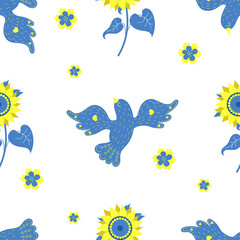 Ukrainian seamless pattern with Yellow-blue bird of luck and sunflower on white background with flowers. Vector illustration in colors of Ukrainian flag for decor, design, packaging, wallpaper