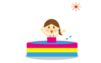 夏休みの暑い日に自宅でお家プールを楽しむ小さい子供の女の子のイラスト・水遊び・太陽・晴れ