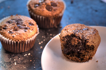 Side view of banana chocolate oat muffin