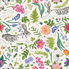 Seamless floral pattern with rabbits