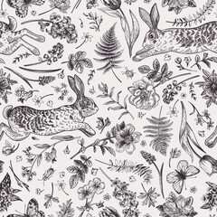 Seamless floral pattern with rabbits