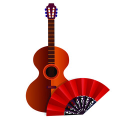  spahish classic guitar with red fan isolated on white background - obrazy, fototapety, plakaty