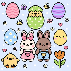 Hand drawn cute easter bunnies and eggs illustration 