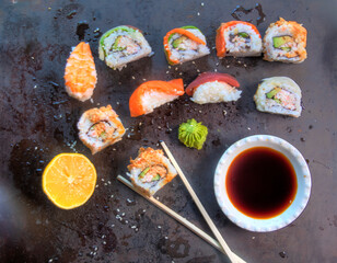 Top view of Sushi Platter on daek metal surface