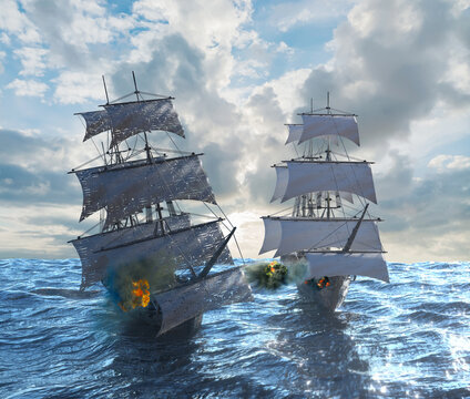 sea battle, sailing pirate ship sailing on the sea 3D render