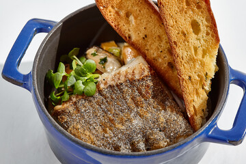 Seafood stew with roast cod and crispy ciabatta. Mussels tomato soup with  fish and roast bread....