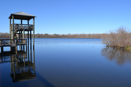 Wooden tower for bird watching on White Lake, Cullinan Park, Houston, Texas