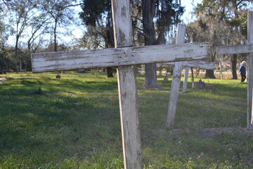 White crosses on the old graves at Hodges Bend Cemetery, Sugar Land, Texas