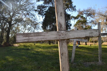 White crosses on the old graves at Hodges Bend Cemetery, Sugar Land, Texas