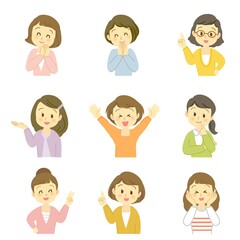 イラスト素材セット：正面や横向きで商品の感想や説明をする姿（若い/バストアップ/主線なし）
