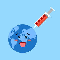 Illness earth from coronavirus concept vector illustration. Sick earth planet with syringe injection in flat design.